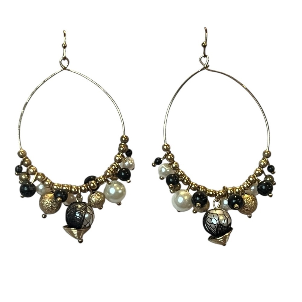 Goldtone Large Hoop Pierced Earrings Faux Pearl Statement Jewelry